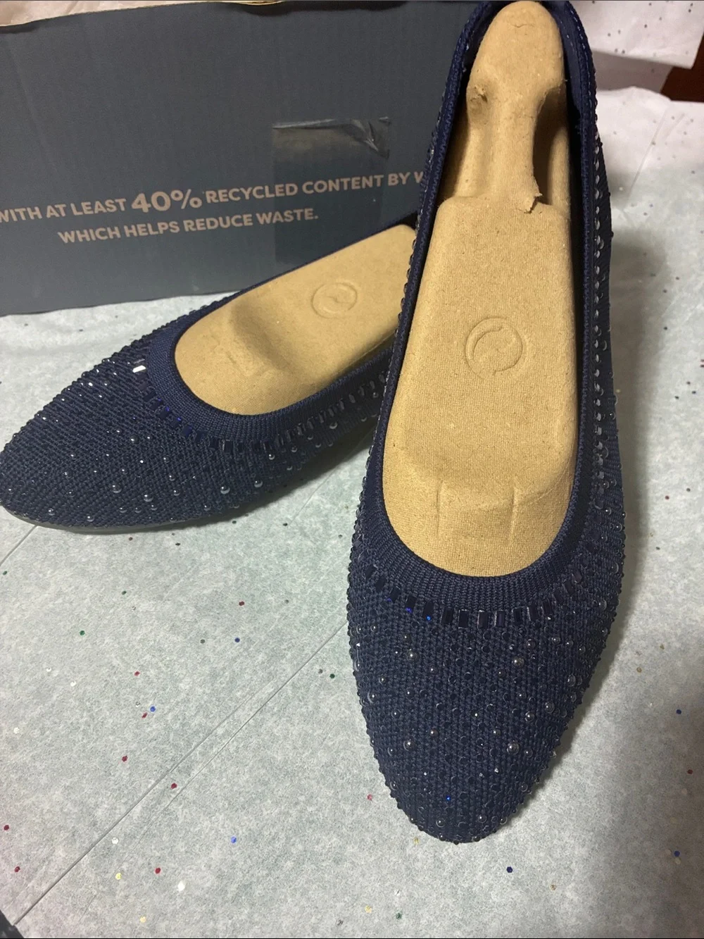 Skechers Navy Pointed Toe Knit Ballet Flats with Sparkle